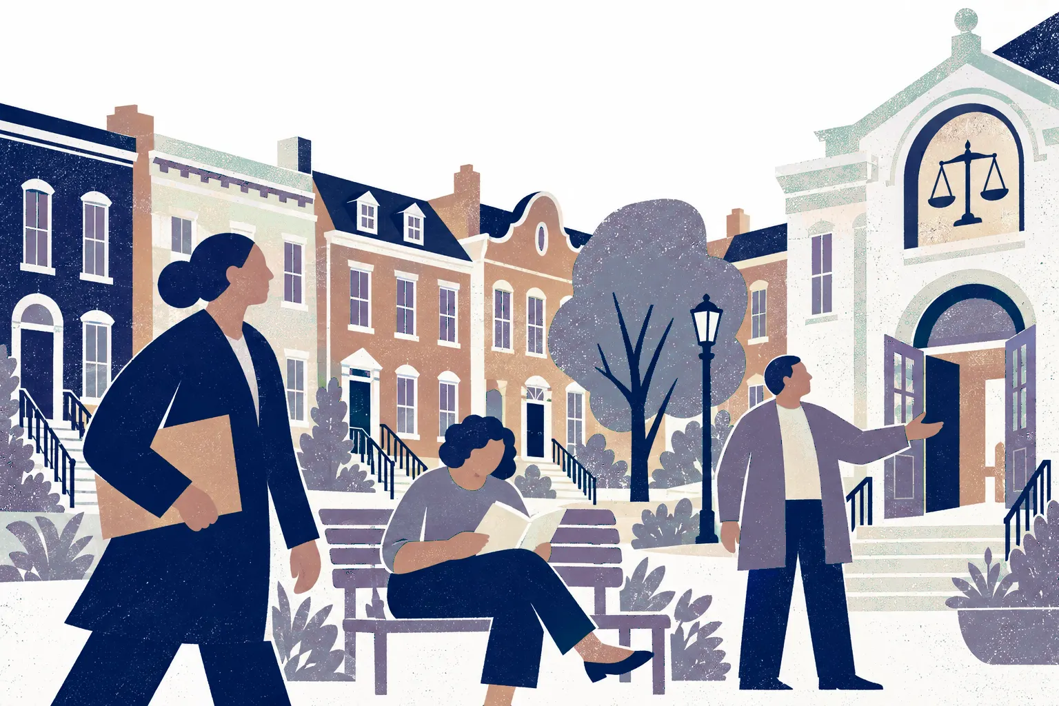 A neighborhood square: a woman carries a folder, a woman reads on a bench, and a man points toward a building with scales of justice over the door.