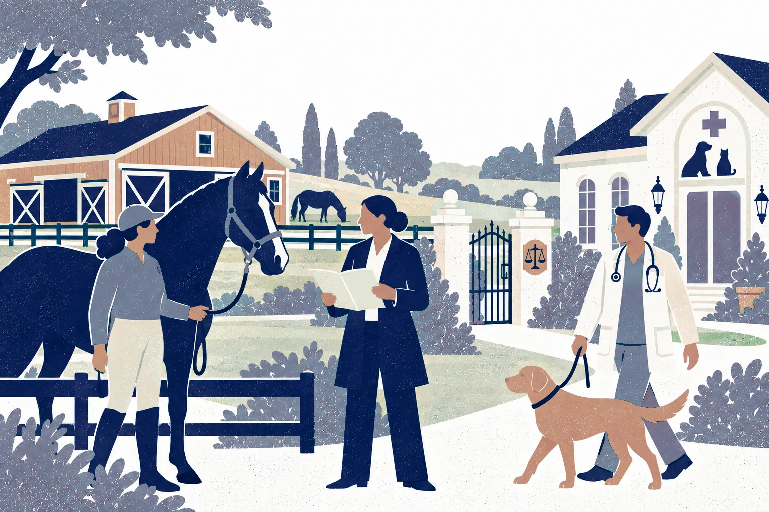 A countryside veterinary clinic and a horse barn beside a fenced paddock; a horse owner at left holds a horse by its lead rope, a veterinarian at right walks a dog on a leash, and an animal lawyer stands center reviewing an agreement.