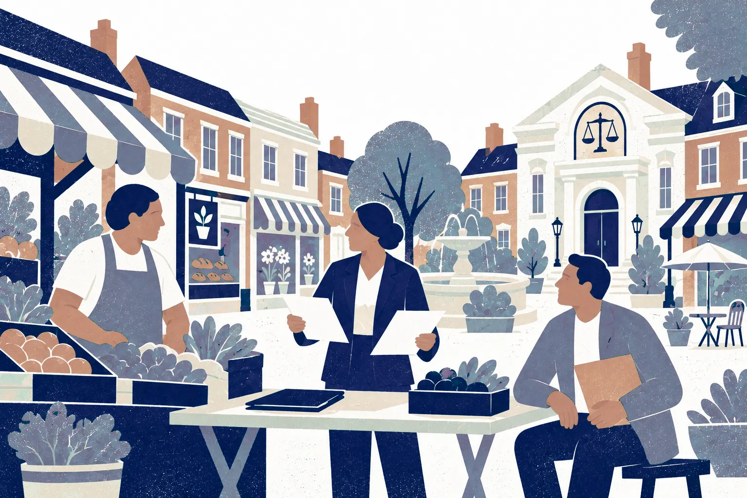 Three people in a small market square with several distinct independent shopfronts: a shopkeeper stands at a produce stall left, another sits right holding a business folder, and a competition lawyer stands center comparing two agreements on a low market table.