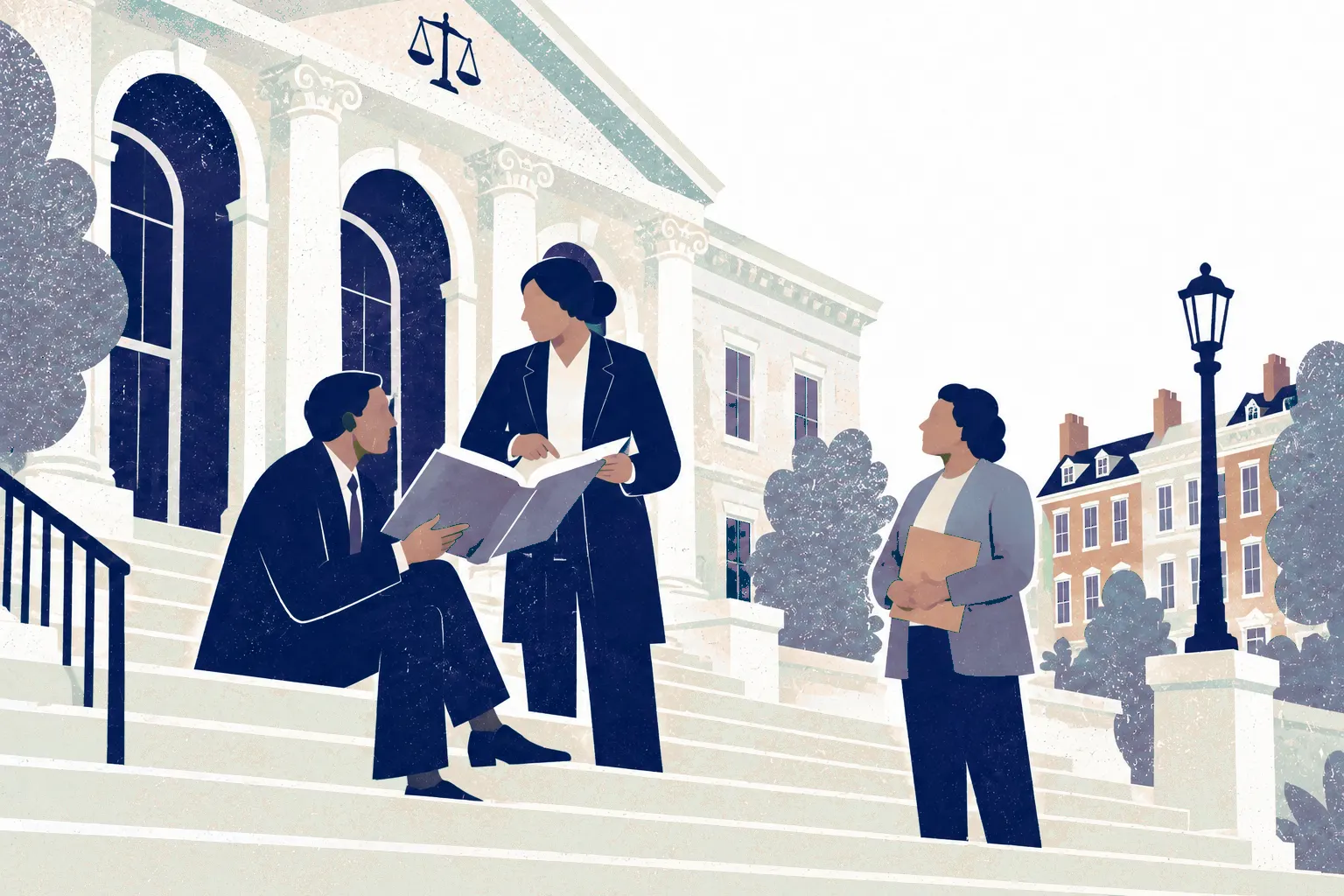 Two lawyers compare a thick casebook on broad courthouse steps: one seated in profile on a lower step at left, one standing on an upper step at center, and a client waits at right holding a closed folder.