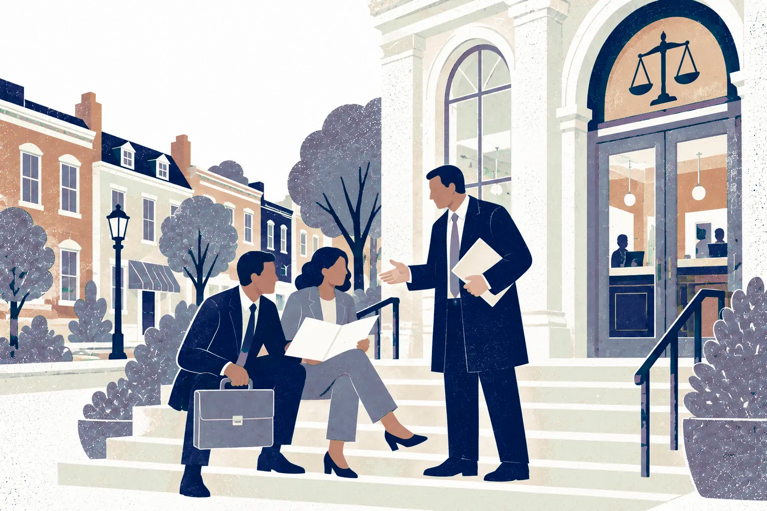 Outside a neighborhood bank with tall arched windows, two business partners sit on adjacent steps at left reviewing a finance agreement with a lawyer standing right.