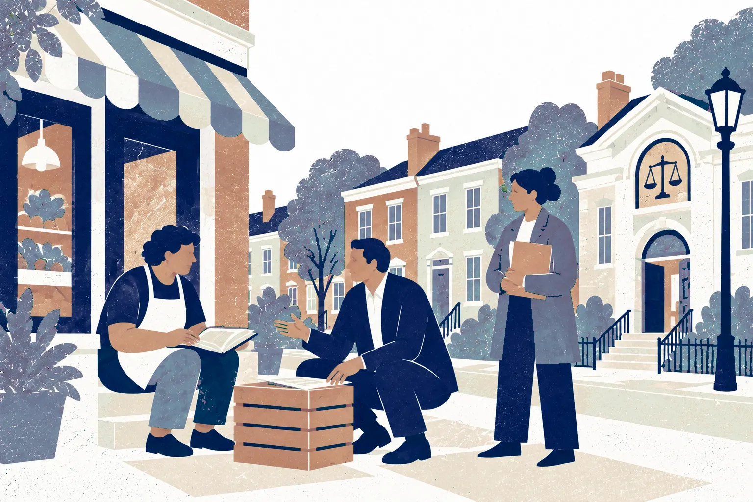 At a modest corner-shop entrance, a shopkeeper sits on a doorstep with a ledger on their lap and an advisor crouches beside a low crate used as a table; a third person stands a step back carrying a closed folder.