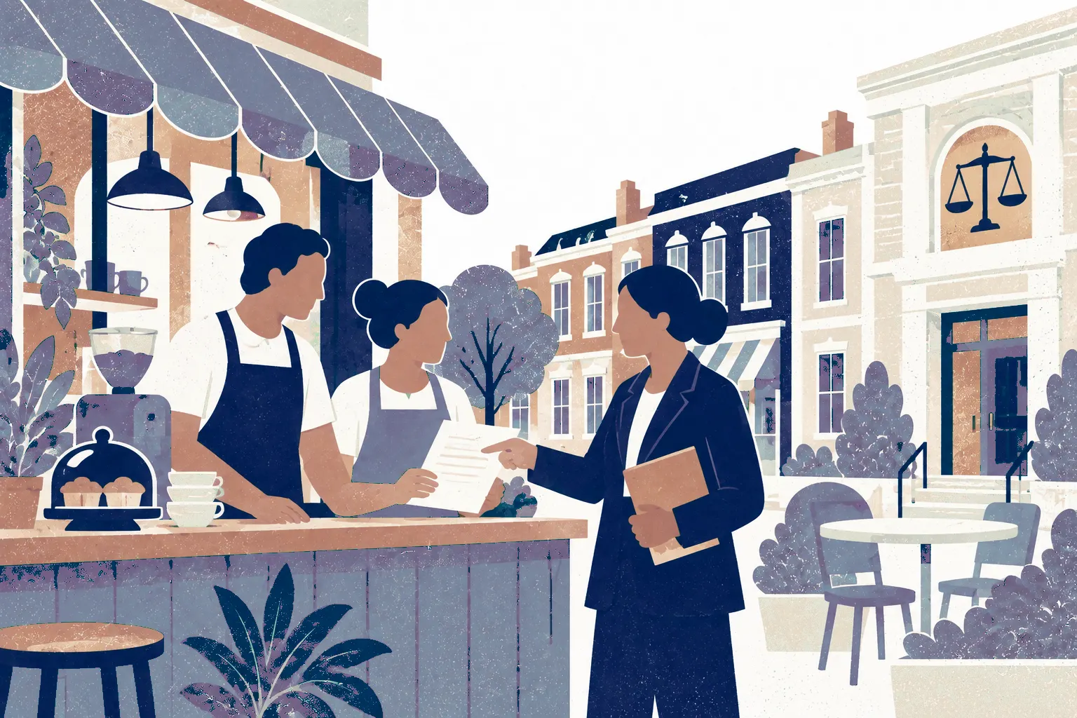 Two small business owners stand behind a cafe's outdoor service counter reviewing a agreement with a lawyer on the customer side.