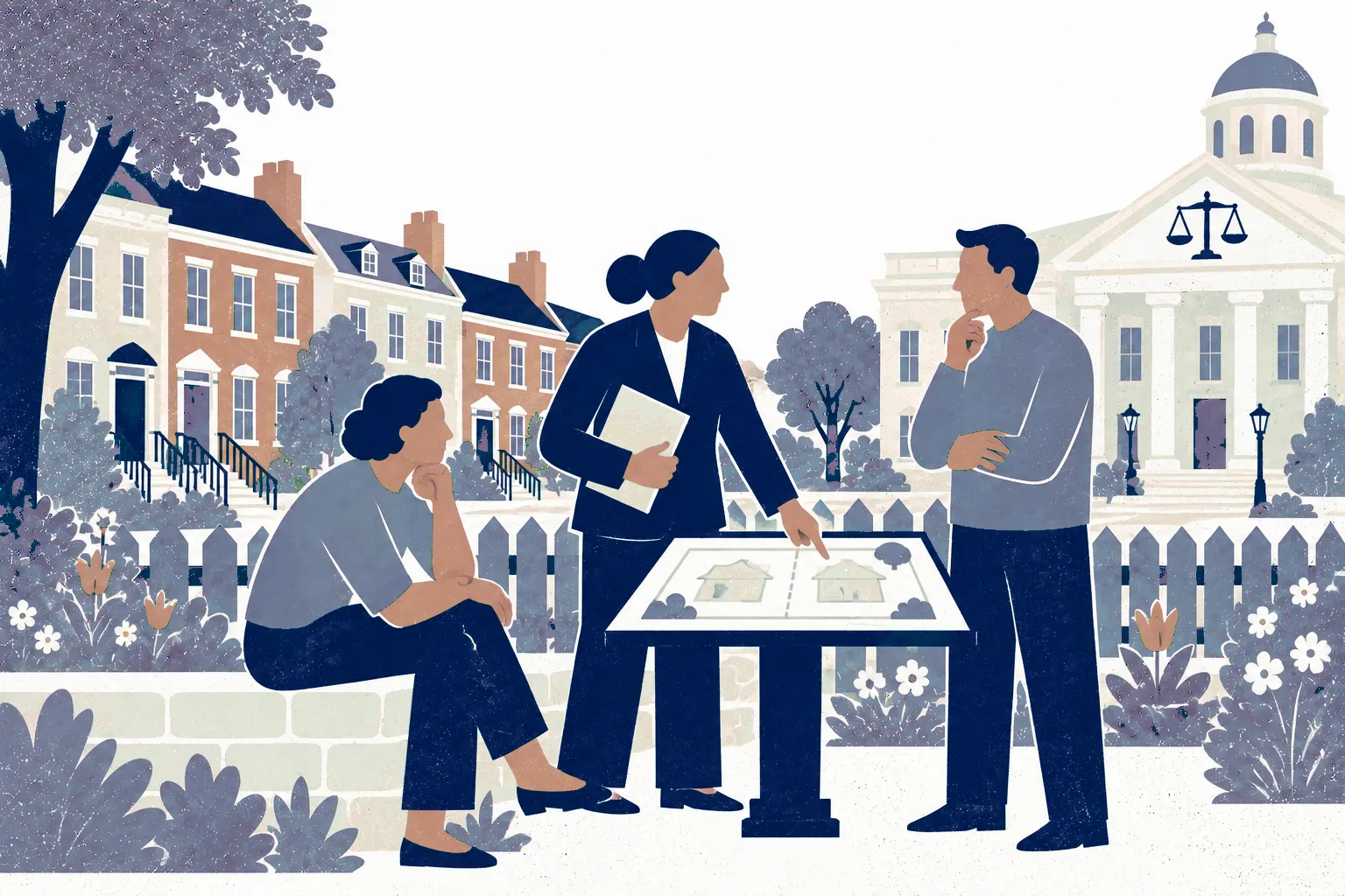 Two neighbors and a mediator reviewing a property diagram beside a shared garden fence: one neighbor seated left on a garden wall, other standing right, mediator standing centrally angled toward diagram on a narrow pedestal table.