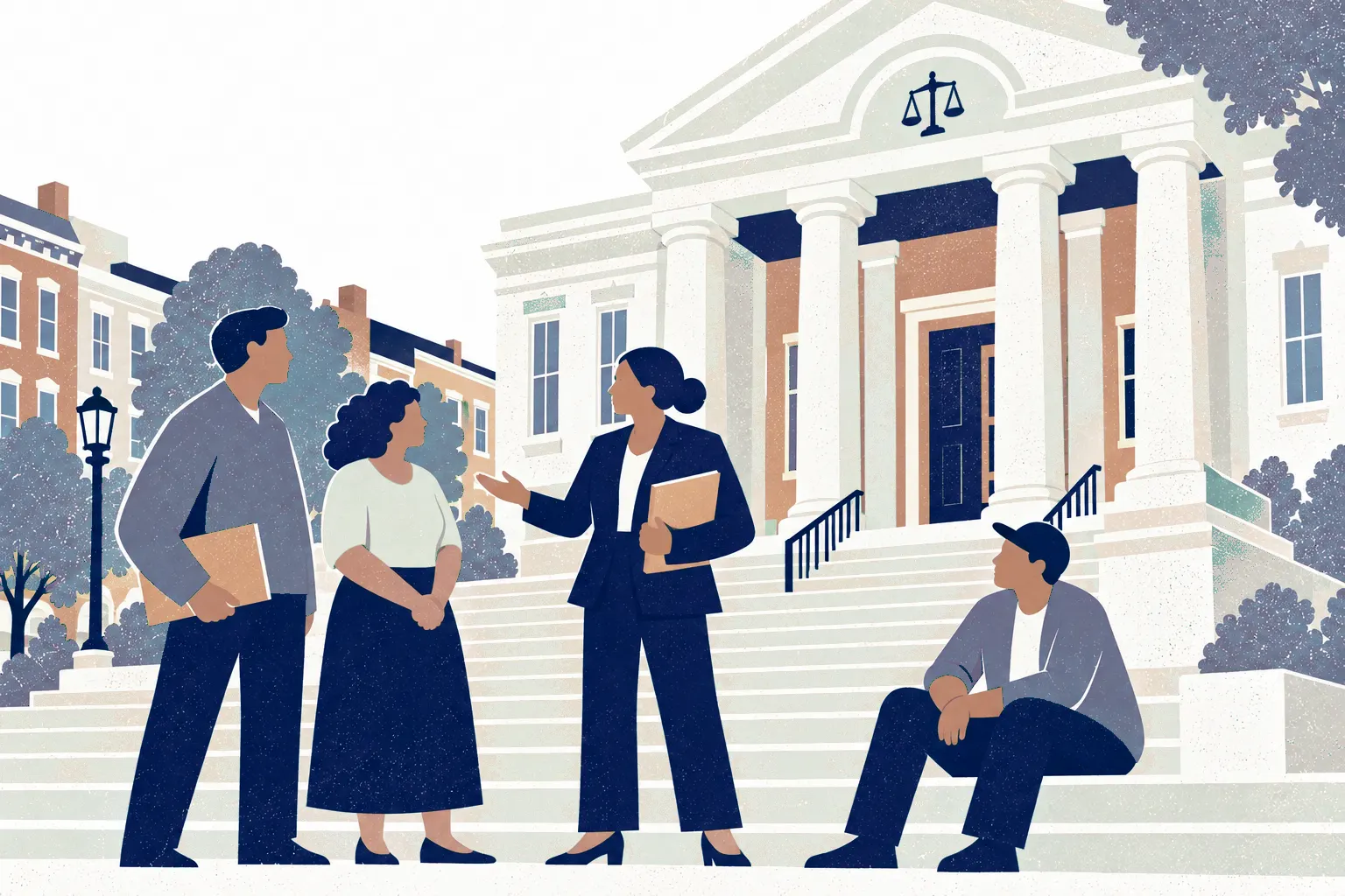 On the wide steps of a federal courthouse with tall columns, a civil rights lawyer stands center holding a case file and speaks with two community members at left, one holding a closed folder; a neighbor sits on a lower step at right.