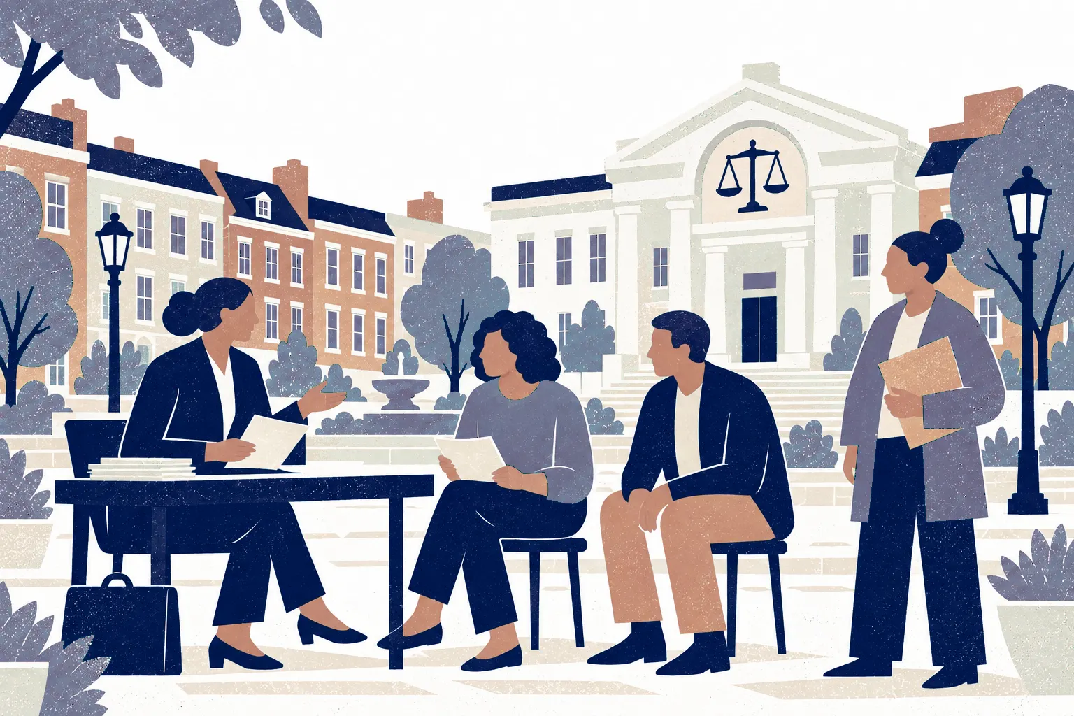 Four community members gather in a civic plaza: a lawyer stands behind a low document table at left, two residents sit facing them on separate stools center and right, another resident stands at far right holding a folder.