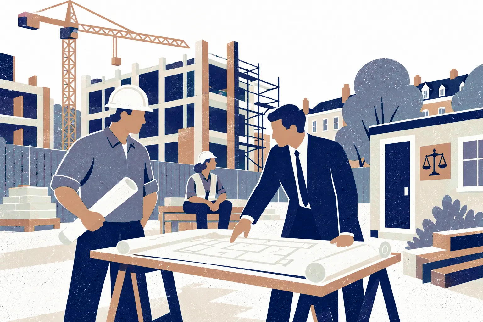 In front of an unfinished building with a crane and scaffolding, a helmeted contractor stands left holding a rolled plan while a lawyer at right leans over a waist-high plan table; a second helmeted person sits on a safe bench further back.