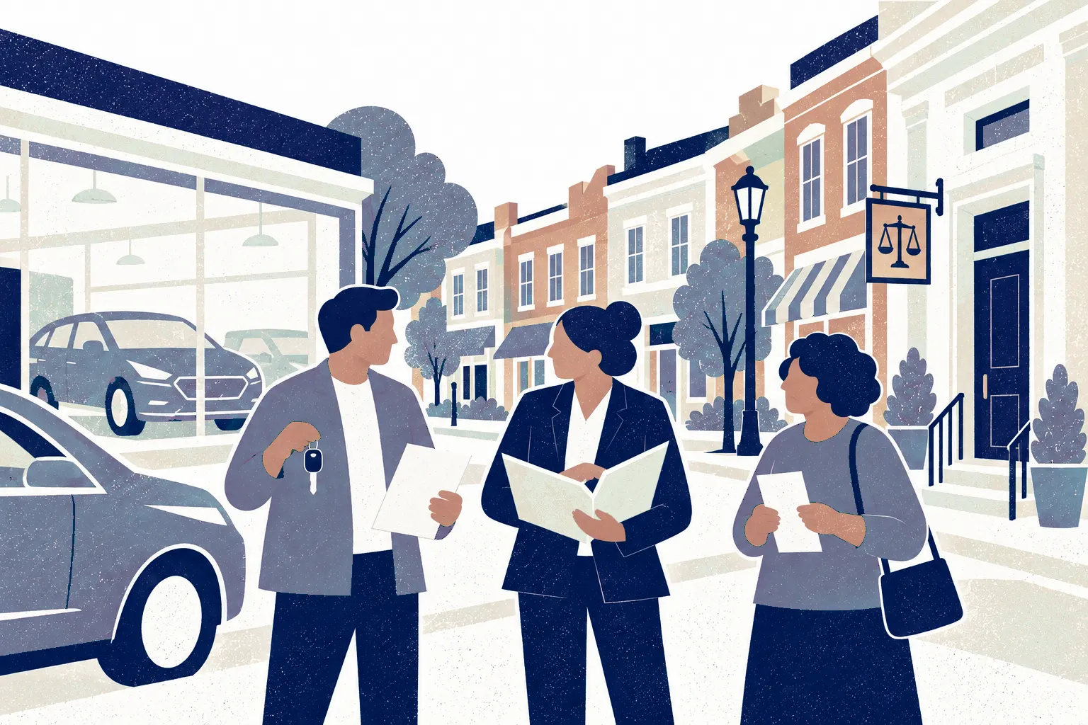 On a neighborhood street with a small car dealership showroom and a row of shops, a customer at left holds a car key and a sales contract, a consumer lawyer stands center reviewing the contract, and a second customer at right holds a receipt.