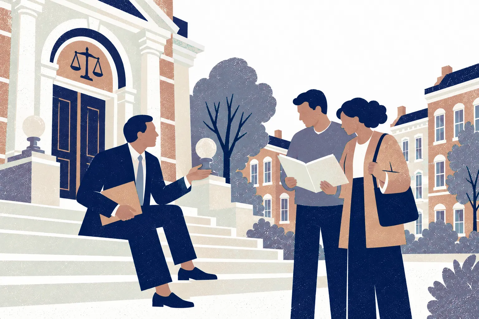 A dignified defense consultation in the forecourt of a brick courthouse.