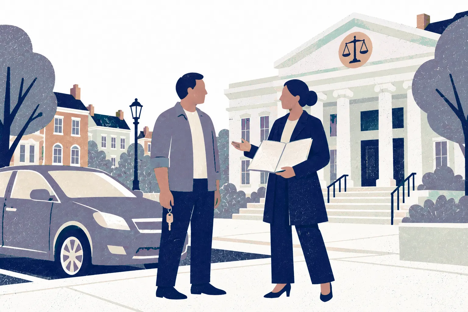Outside a municipal courthouse next to a curb with one parked compact car, a client stands left holding car keys low at their side while a lawyer at right presents an open document.