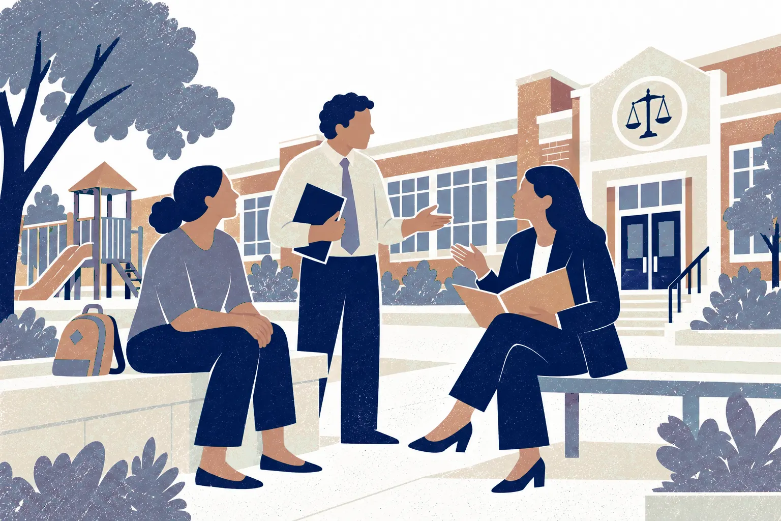 Outside a school with large windows and playground tree, a parent seated on a low wall at left and a school administrator standing center consult a lawyer seated right with an open folder.
