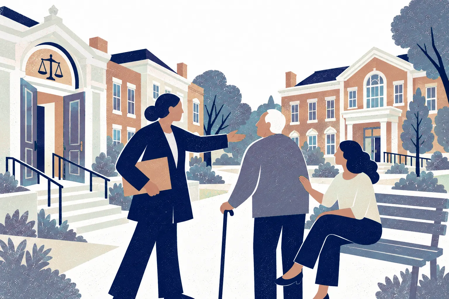 An older adult stands at center with a simple walking stick, accompanied by a lawyer on the left carrying a portfolio and a younger relative at right seated on a garden bench.