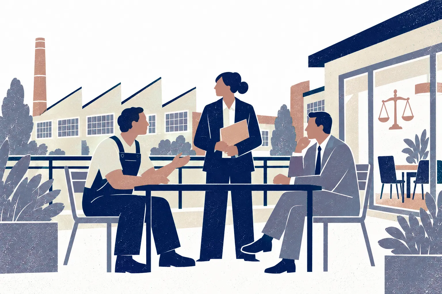 Workplace mediation on a factory office terrace: a worker wearing simple work overalls sits left, an office manager sits right and a lawyer stands between behind a slim meeting table holding a folder.