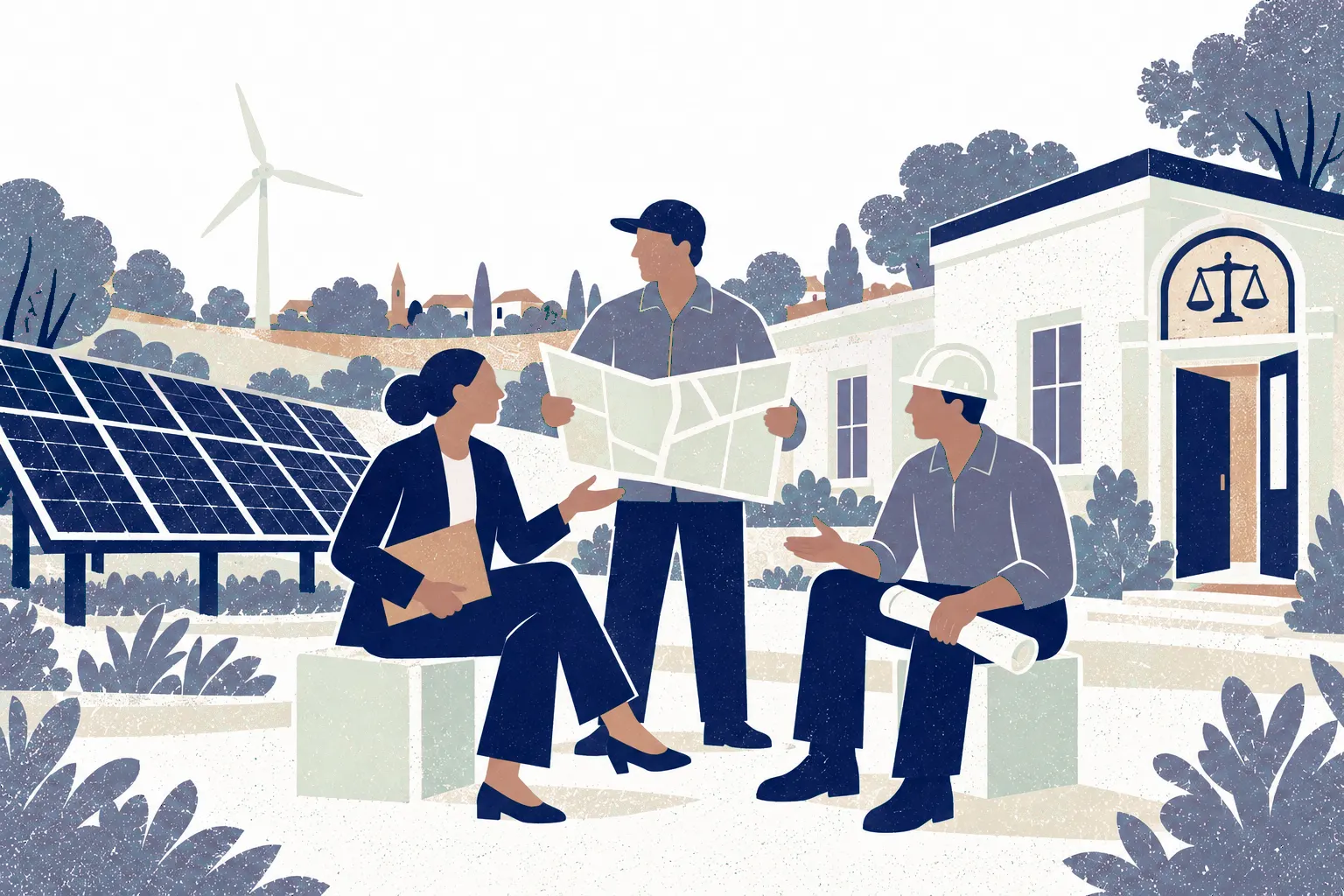 A lawyer and an energy engineer sit facing each other on low stools near a simple solar array while a landowner stands behind them holding a map.
