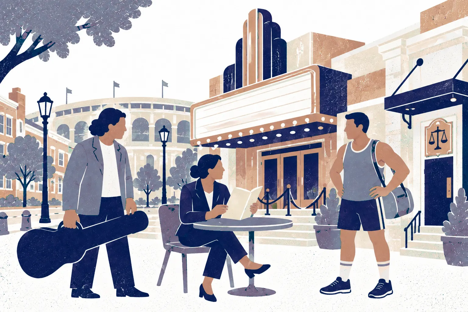 Outside a neighborhood theater with a marquee and a small stadium arch behind it, a musician holding a guitar case stands left, an athlete in simple track clothes stands right, and an entertainment lawyer sits center reviewing a contract on a low table.