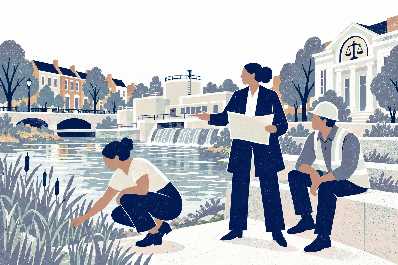 By a restored urban river with reeds, a community resident crouches left looking at plants while an environmental lawyer stands center holding a site map with an engineer seated right on a low river wall.