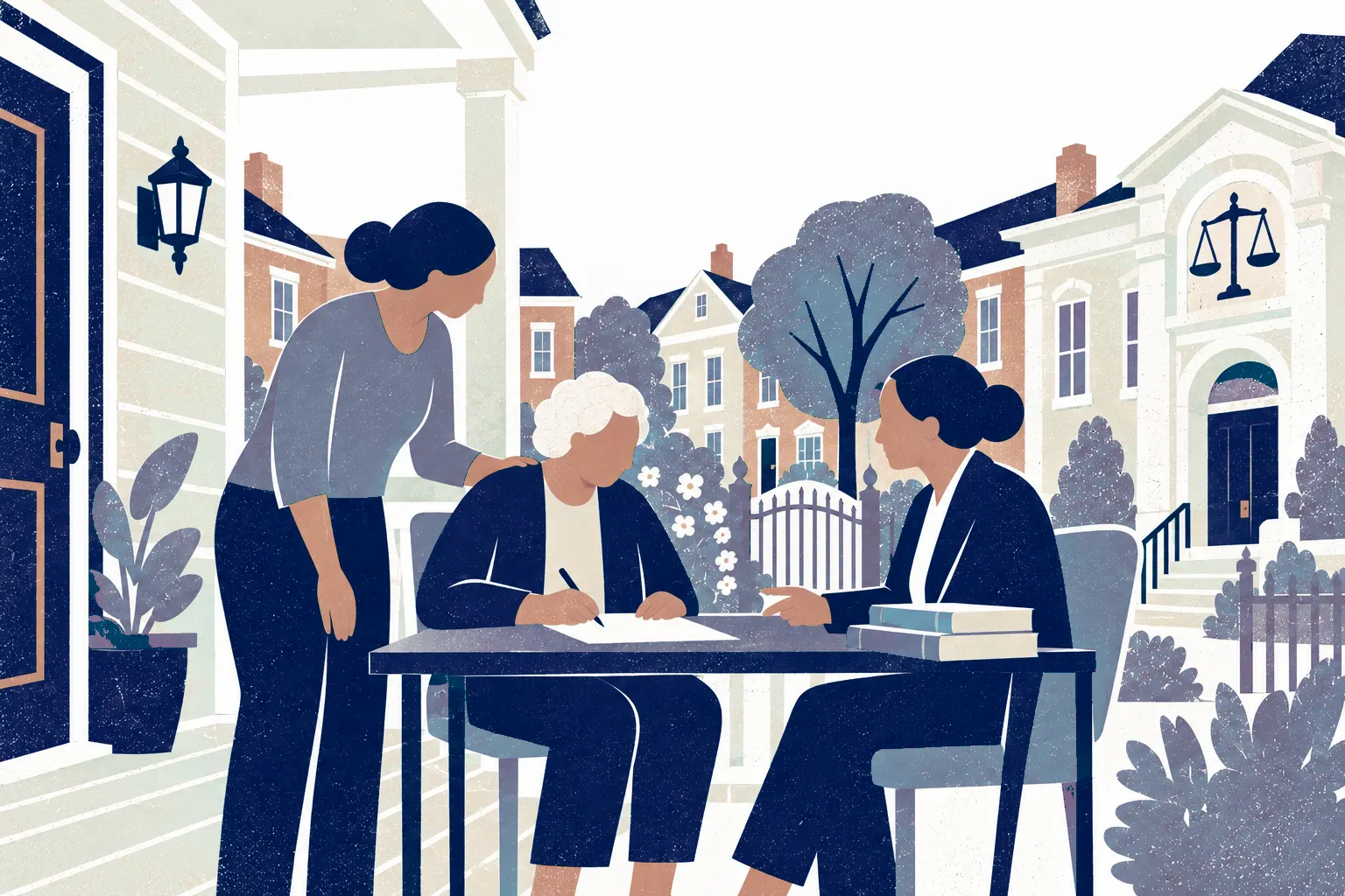 On the porch of a family home beside a neighborhood legal office, an older adult seated center signs a document at a narrow table; a standing younger relative leans in from left and lawyer sits in profile right.