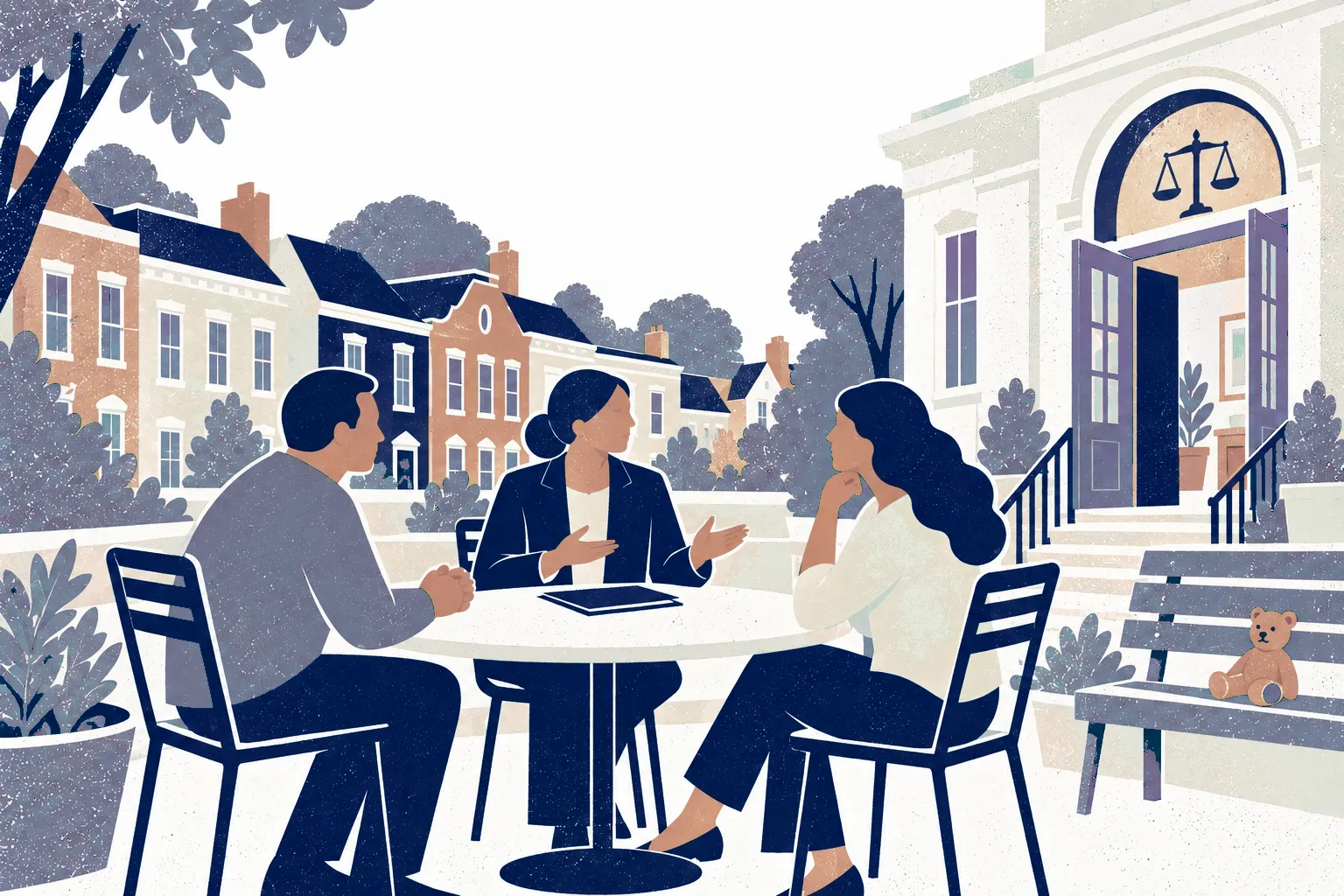 Three adults sit around a small round mediation table on a leafy community law office terrace: two parents opposite each other and a mediator in the middle distance.