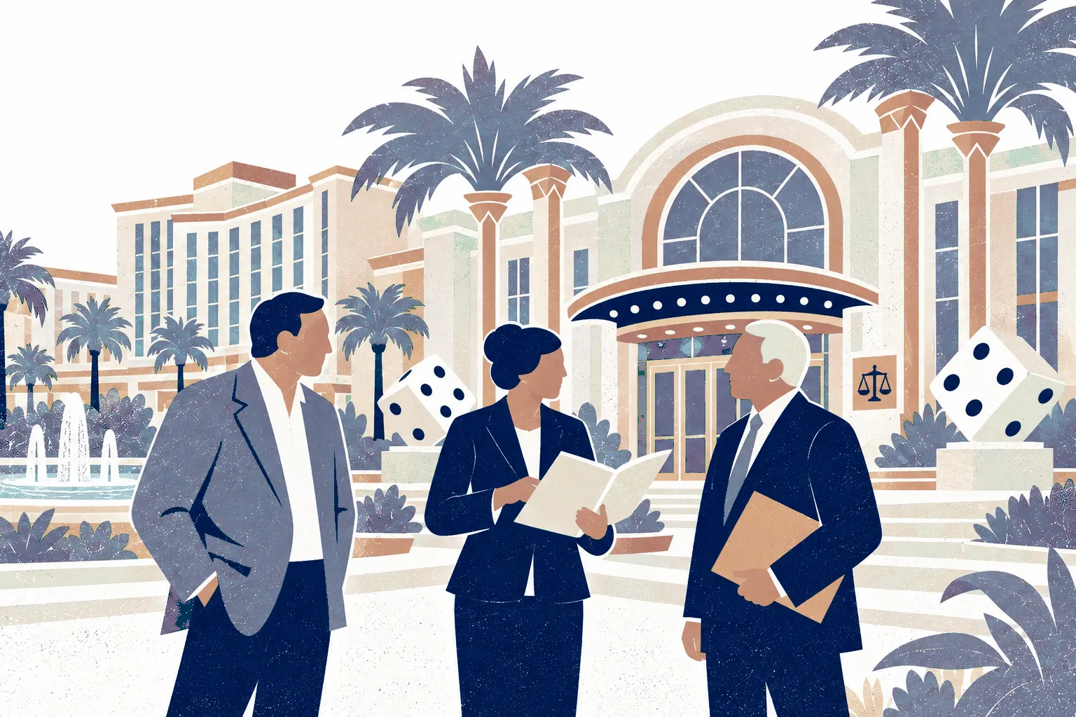 A resort and gaming hall with a grand arched entrance, tall palm-like columns and two oversized decorative dice sculptures by the doors; a gaming lawyer stands center reviewing a license document with a resort owner at left and a regulator at right holding a closed folder.