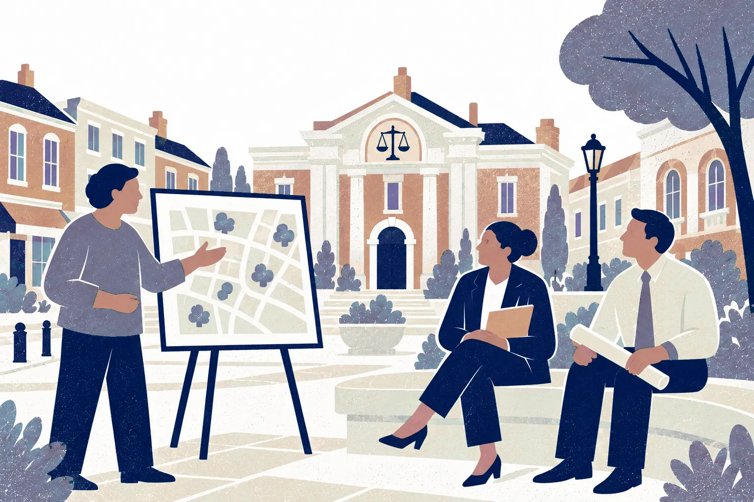 In a town-hall square, a resident stands at left presenting a neighborhood plan on an easel while a municipal lawyer and civic planner sit on a curved bench at right listening.