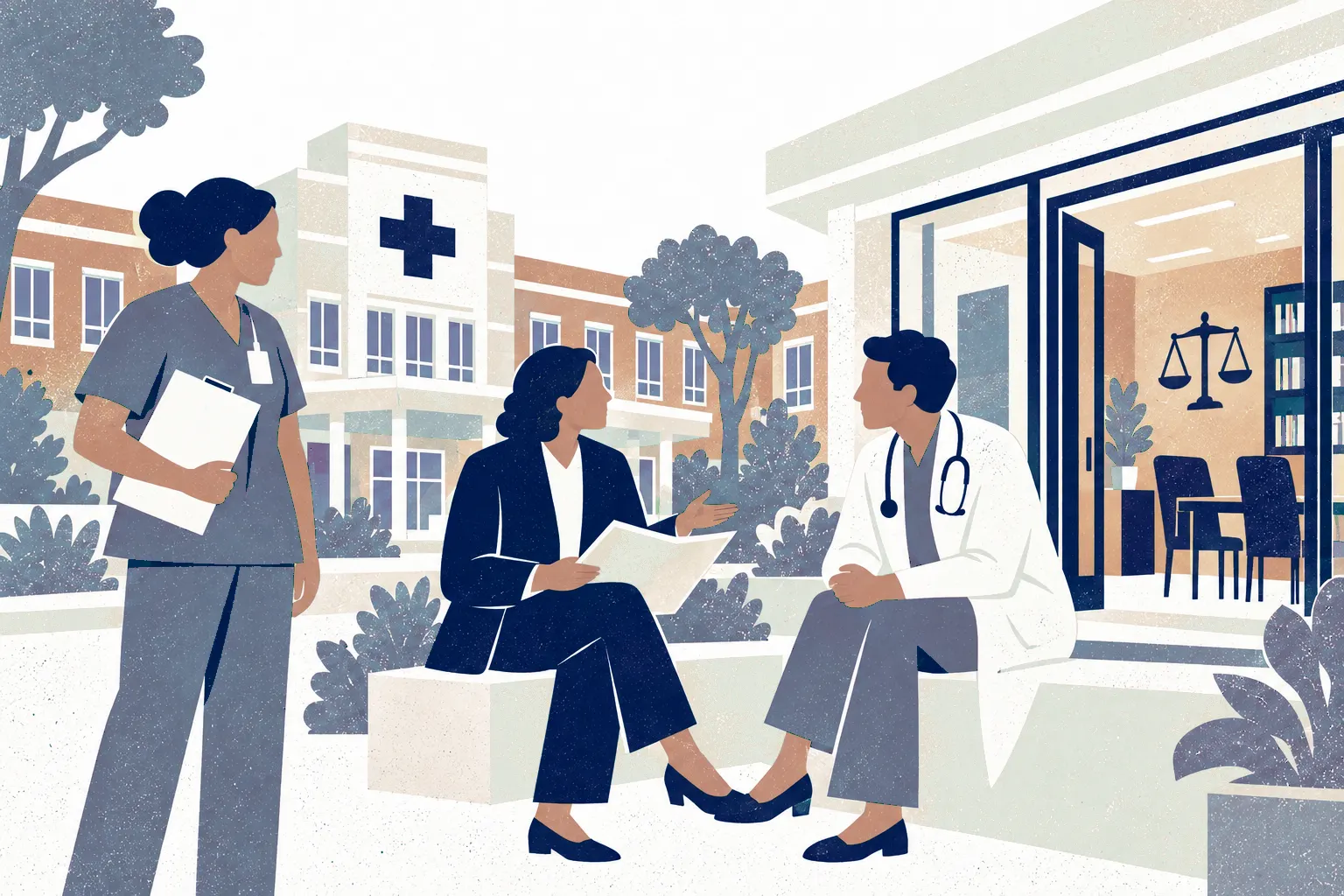 A healthcare administrator stands at left with a clipboard as a lawyer seated center discusses an agreement with a clinician seated on a higher bench at right.