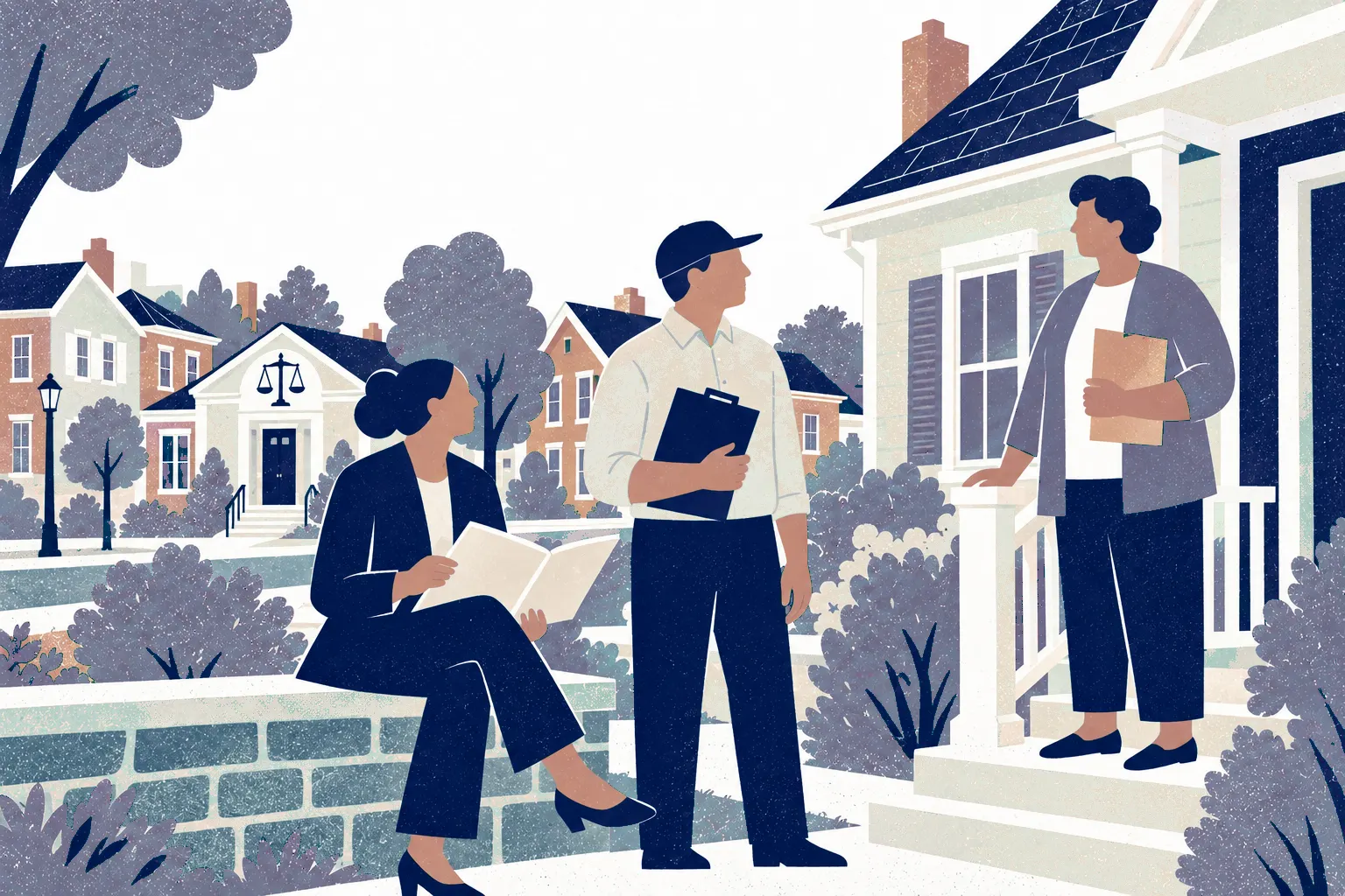 At a neighborhood home with a neatly repaired roof, a homeowner stands on porch step at right holding a folder; an insurance lawyer sits at left on garden wall reviewing a simple policy, and an assessor stands center with closed clipboard.