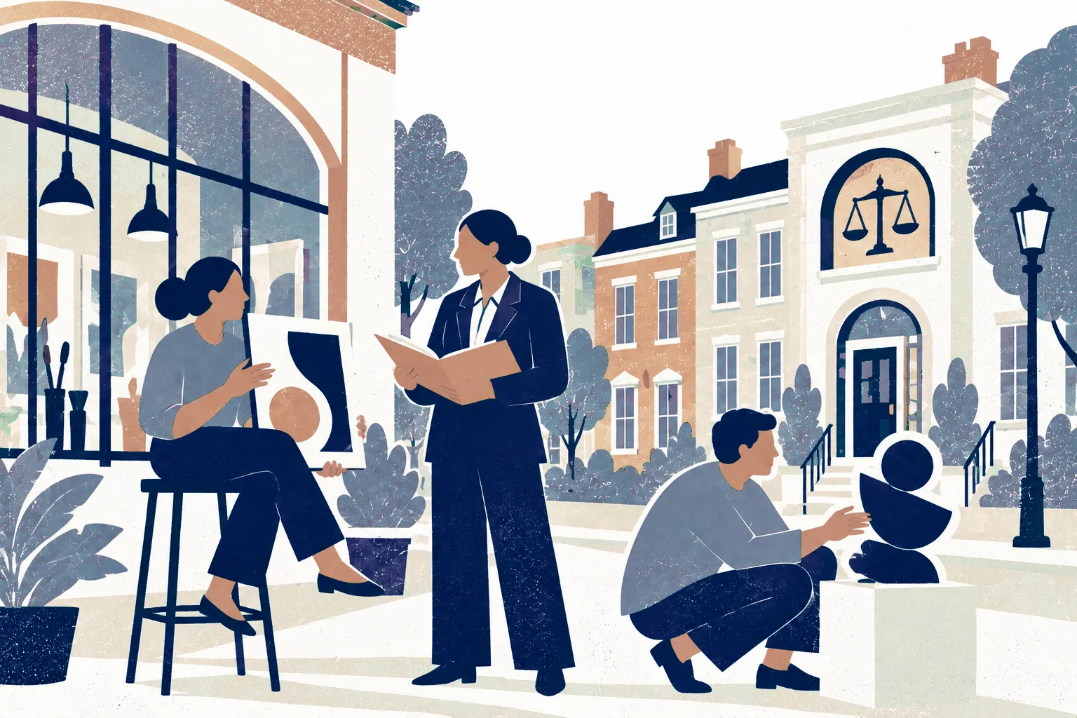 An artist seated on a tall stool outside a bright studio holds a simple abstract artwork while a standing lawyer at center reviews a registration folder; a designer crouches at right beside a sculptural prototype on a plinth.