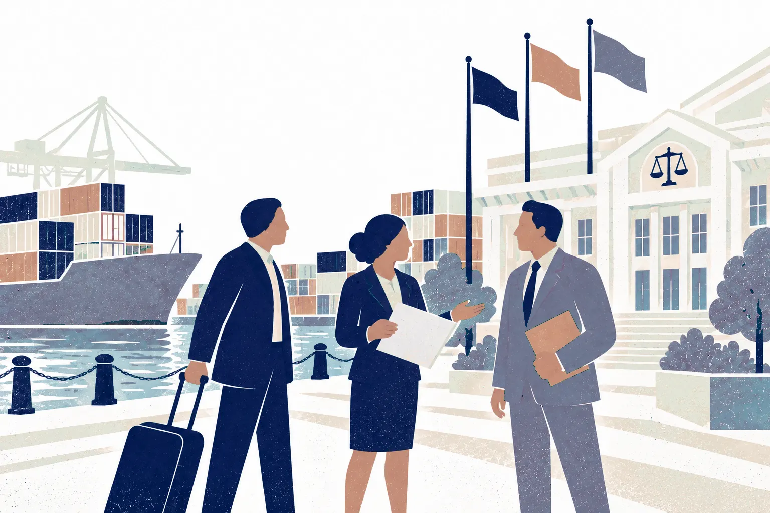 A harbor-front plaza with stacked shipping containers, a moored cargo ship and a civic building with three flagpoles flying plain unmarked flags; a lawyer stands center holding an agreement, a business traveler with a rolling suitcase at left, and a trade partner at right holding a closed folder.