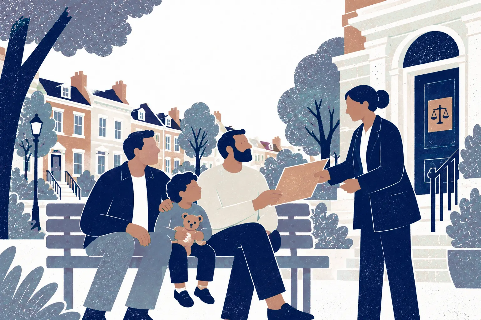 Two fathers sit together on a park bench outside a family law office with a small child between them holding a toy; a lawyer stands at right handing them an adoption folder.