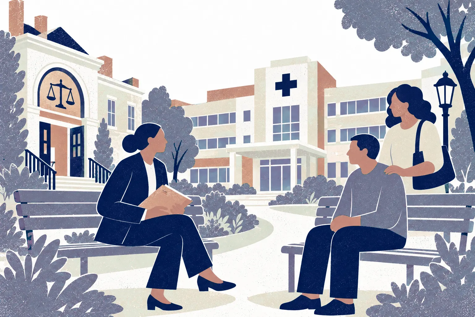 On a hospital garden path, a patient in ordinary clothing sits on a bench at right, while a lawyer sits on the opposite bench edge at left reviewing a closed medical folder and a companion stands behind the patient.
