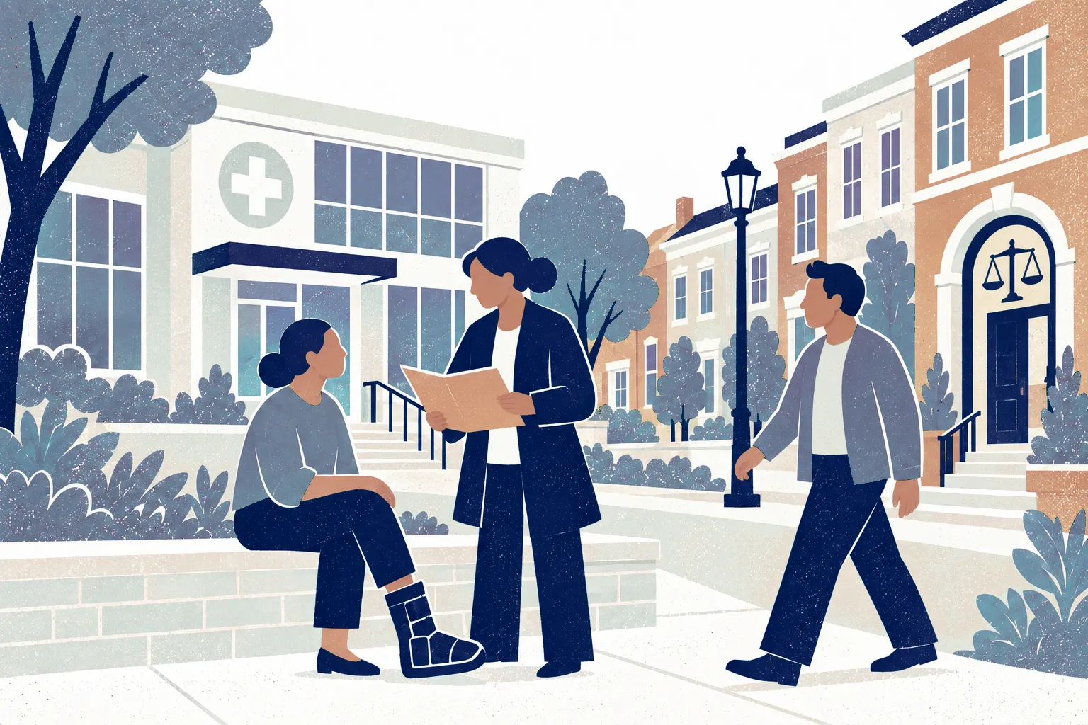 Outside a neighborhood rehabilitation clinic beside a small law office, a client with a simple ankle boot sits on a low wall at left while a standing lawyer reviews a folder with them; a companion approaches from the right.