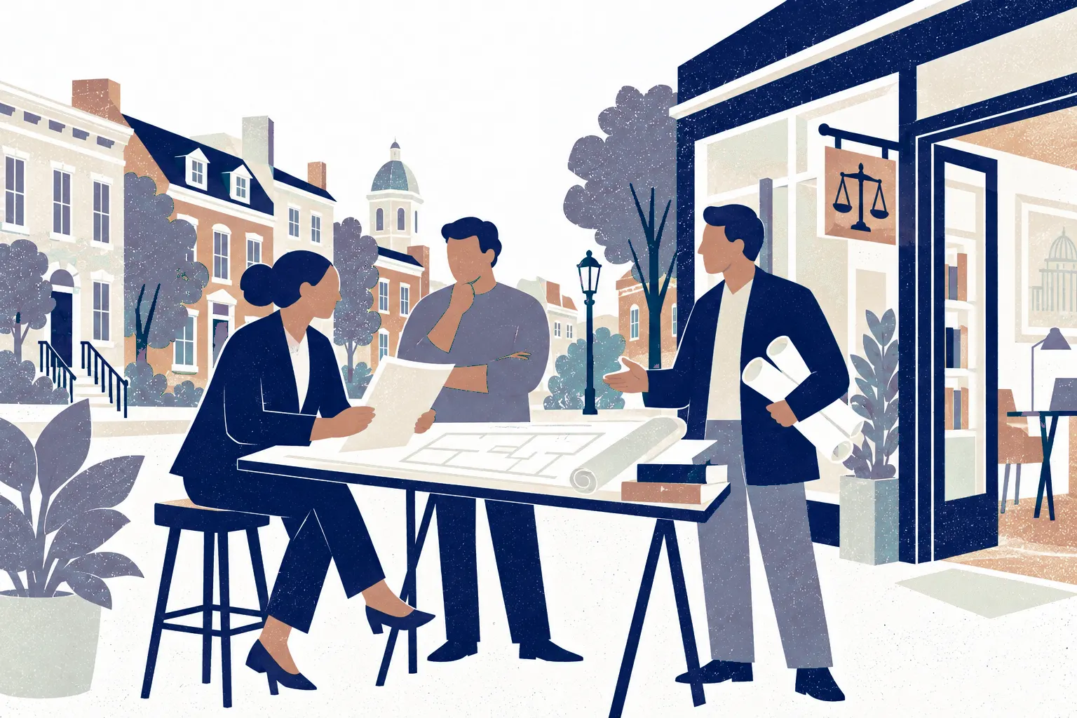 An architect stands at right holding rolled plans while a lawyer seated on a tall studio stool at left reviews a professional agreement on an angled drafting table; a client stands behind the table at center.