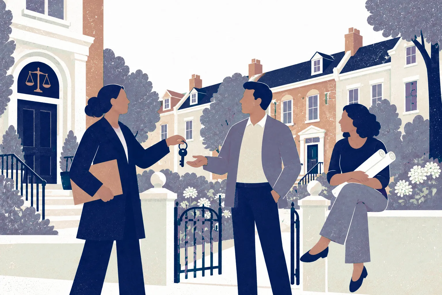 In front of a townhouse and garden gate, a standing lawyer on the left hands a large simple key to a buyer at center, while a second buyer seated on the low gate wall at right holds rolled property plans.
