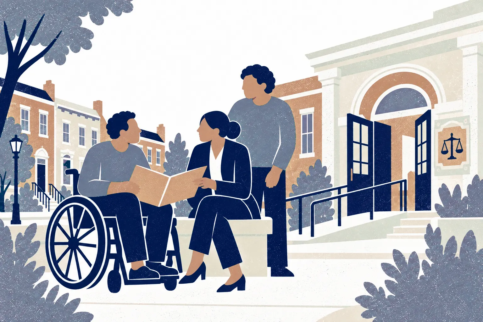 Outside an accessible community benefits office, a wheelchair user at left reviews a folder with a lawyer seated at matching eye level to the right; a companion stands behind the lawyer.