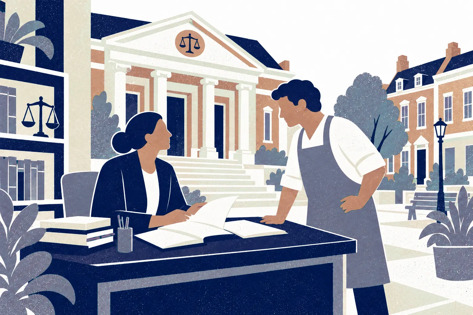 Two adults work through ledger pages at an outdoor desk in front of a civic revenue building: accountant or lawyer seated left facing right, small business owner standing right leaning slightly toward the desk.