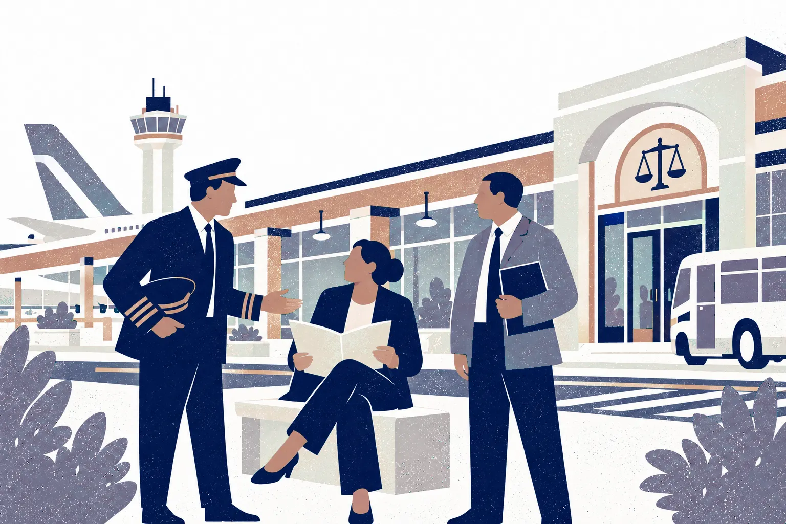 In front of a low airport terminal with a plane tail visible beyond and a small shuttle parked at curb, a pilot stands left with a simple cap under one arm discussing a agreement with a seated lawyer at center; a transport manager stands right holding a closed clipboard.