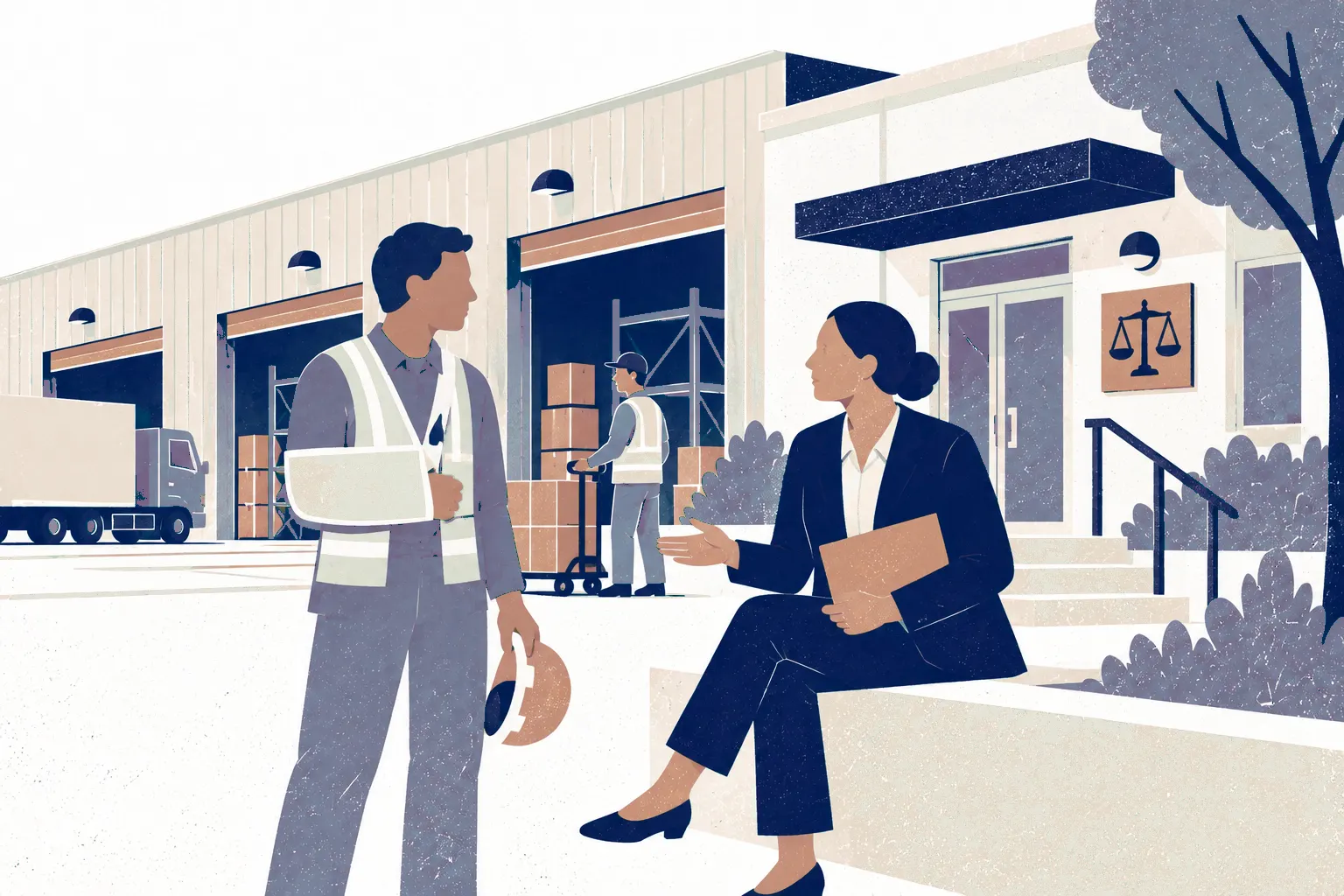 At a warehouse staff entrance, a worker with a simple arm sling stands at left with a hard hat in their other hand, talking to a seated lawyer on a low wall at right.