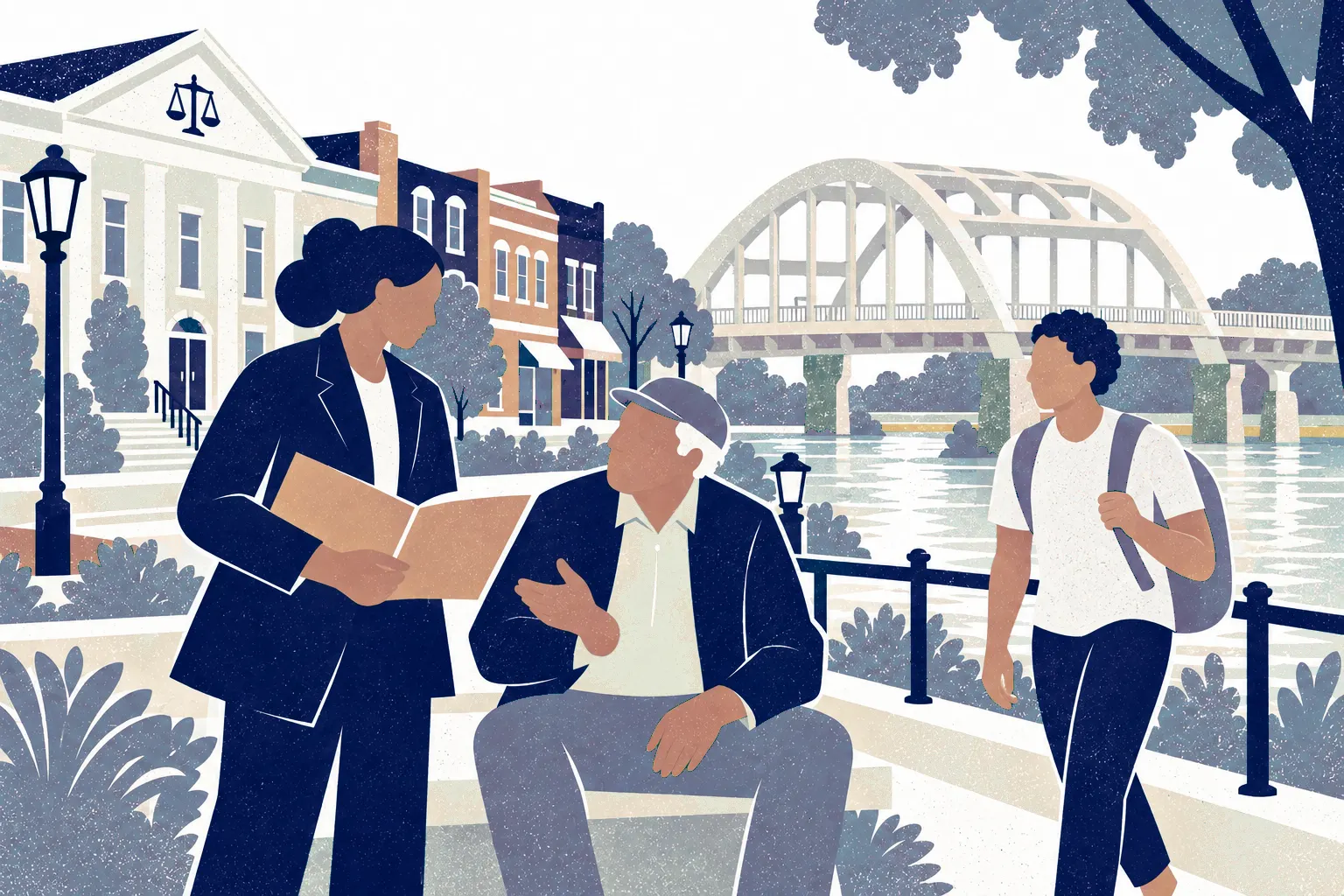 Three people stand on a riverside path: a woman lawyer at left reviewing a folder with an older seated man in the center, a young adult walking up from the right. In the background: Edmund Pettus Bridge.