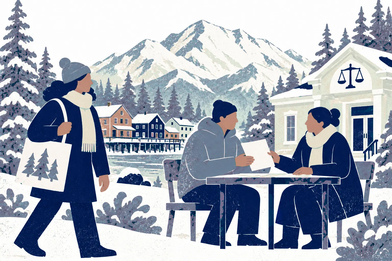 Two bundled adults at a small outdoor consultation table on the right exchange a document, a third person approaches carrying a tote at left. In the background: Denali.