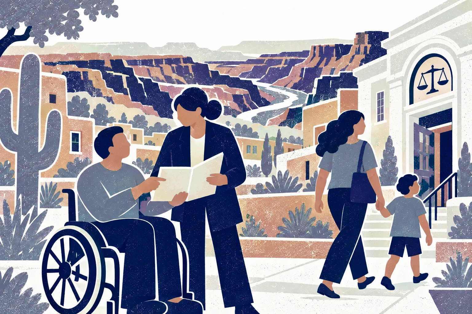 A seated wheelchair user on the left and standing advisor at center study a folder, a parent holding a child's hand walks at right. In the background: Grand Canyon.