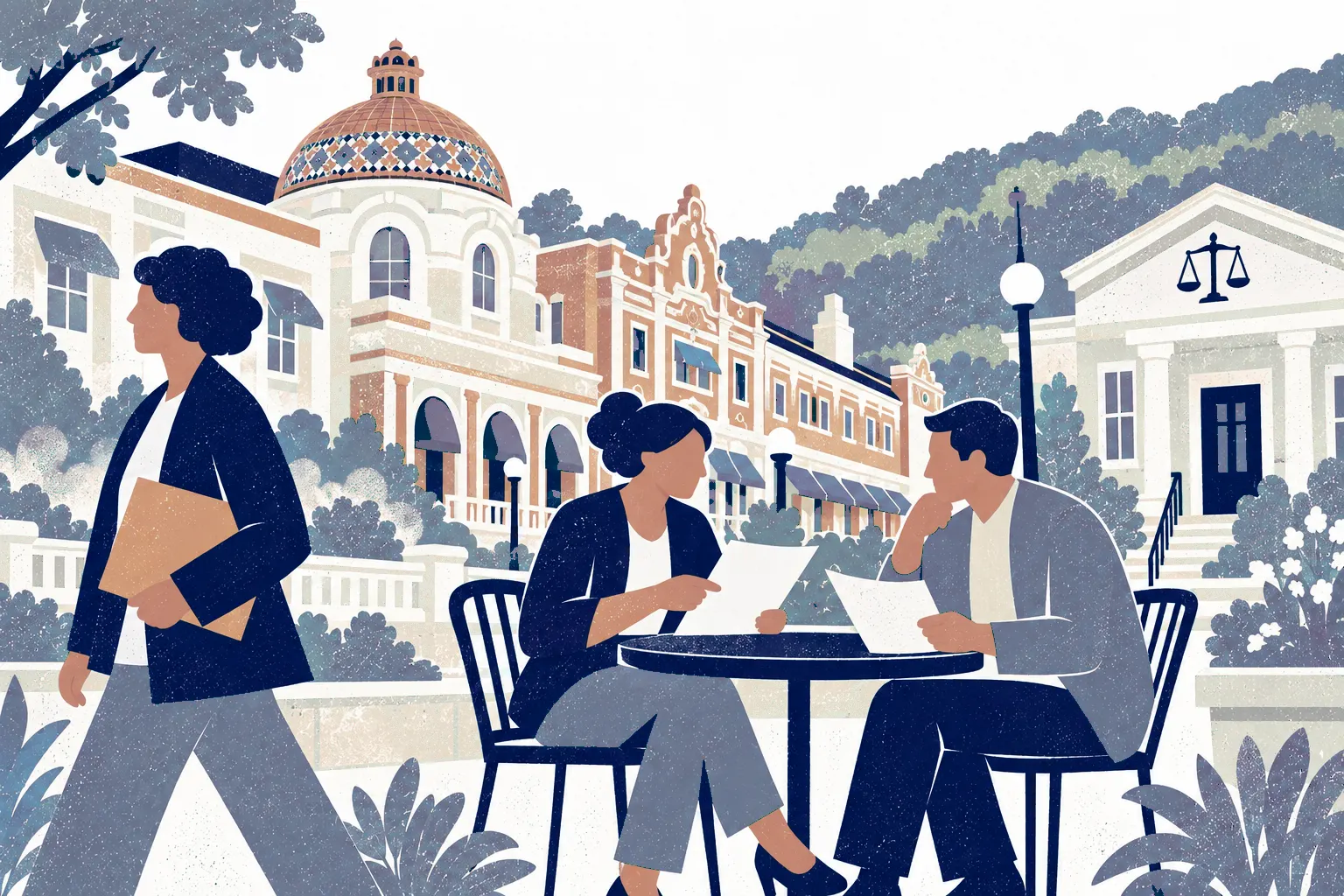 A woman and man sit opposite each other at a little round plaza table comparing papers, a third adult carries a folder across the far left foreground. In the background: Hot Springs Bathhouse Row.