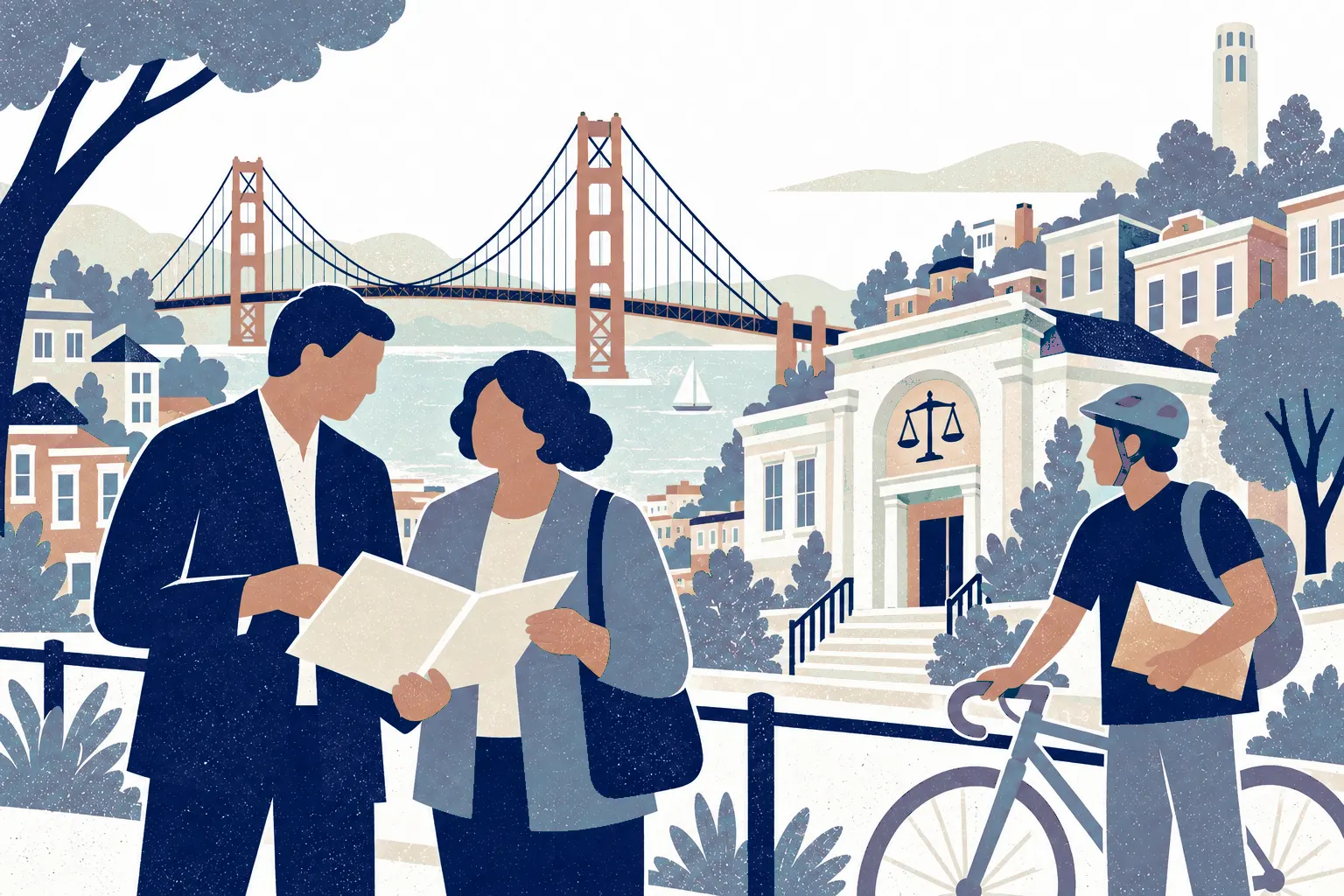 Two adults stand close at left examining an open folder; a cyclist with bicycle paused on the right holds a legal envelope. In the background: Golden Gate Bridge.