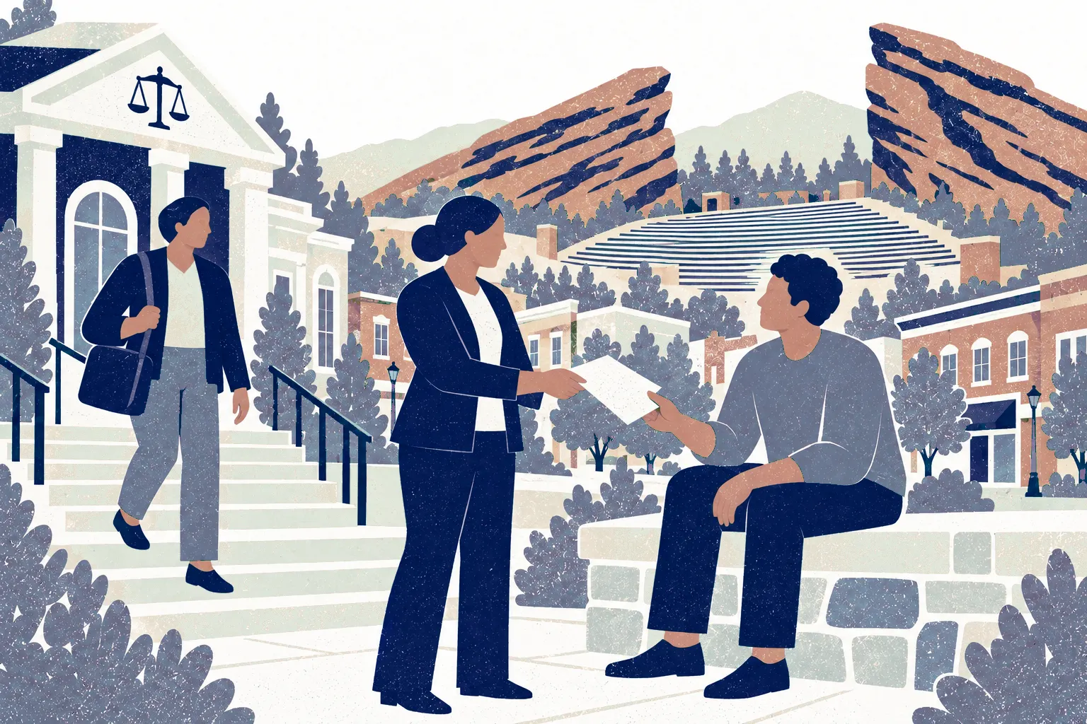 At center a standing woman hands a document to a man seated on a low wall; a third adult descends steps on the left carrying a satchel. In the background: Red Rocks Amphitheatre.