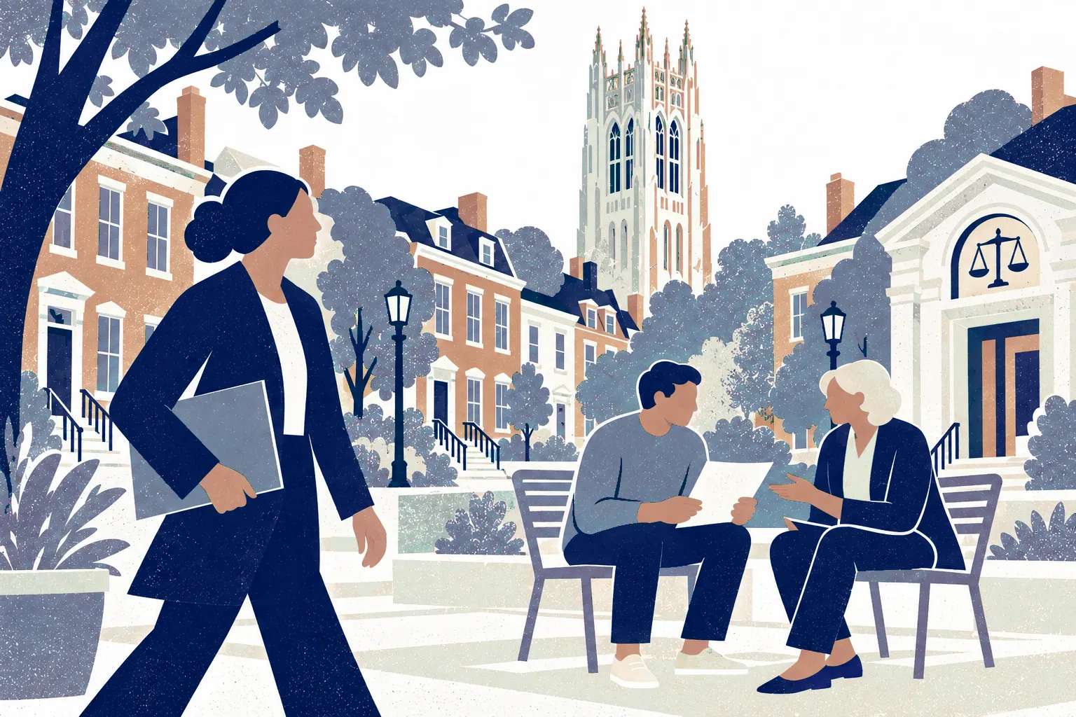 On the right a young adult and older advisor sit on separate plaza chairs sharing a form, while a woman carrying a closed folder walks across left foreground. In the background: Yale Harkness Tower.