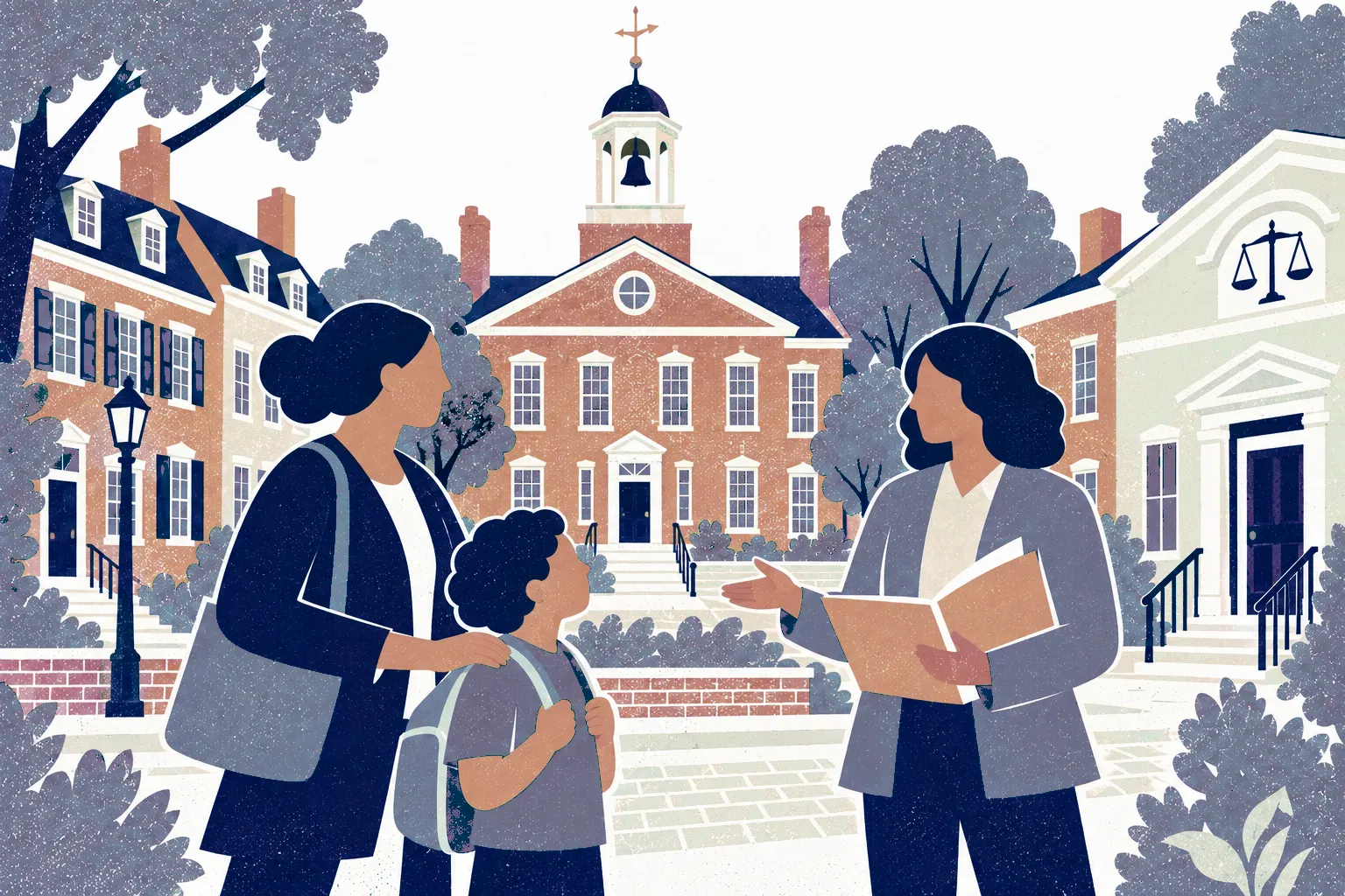 A parent and child stand at left facing an advisor on the right who holds an open folder. In the background: New Castle Court House.