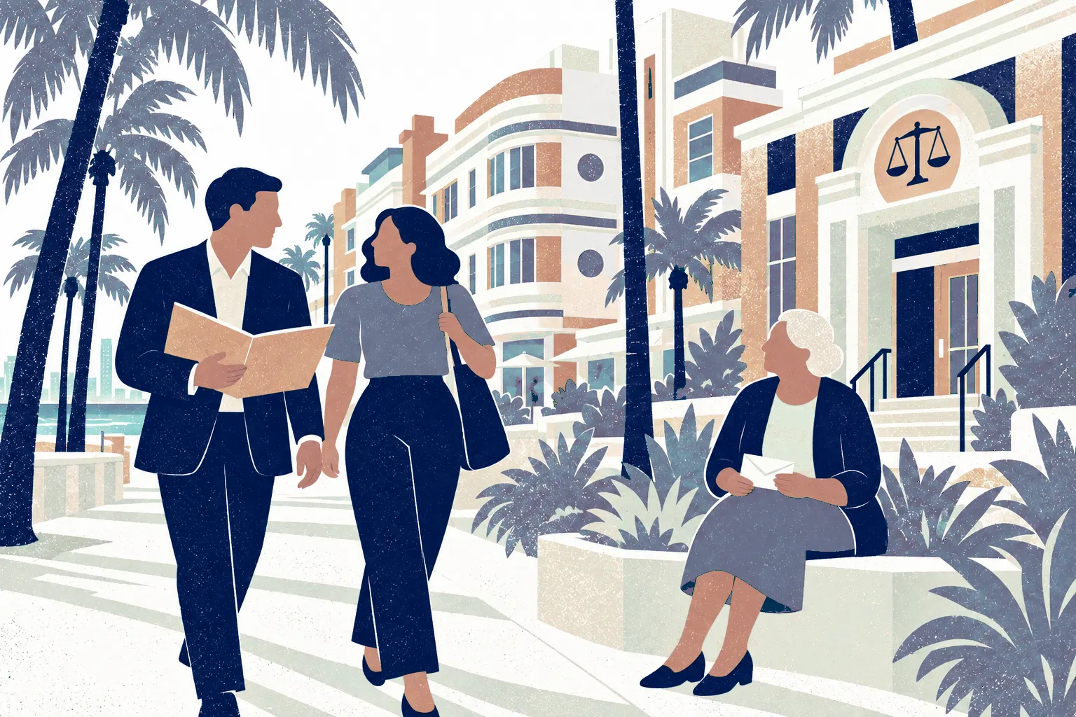 Two adults walk together down the left side of a palm-lined sidewalk, one holding an open property folder, while an older woman sits on a low planter at right holding a envelope. In the background: Miami Beach Art Deco architecture.