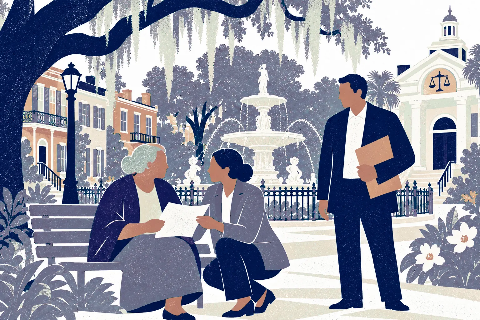 An advisor kneels slightly beside an older woman on a bench at left while sharing a paper; a man with a folder stands to the right. In the background: Savannah Forsyth Park fountain.