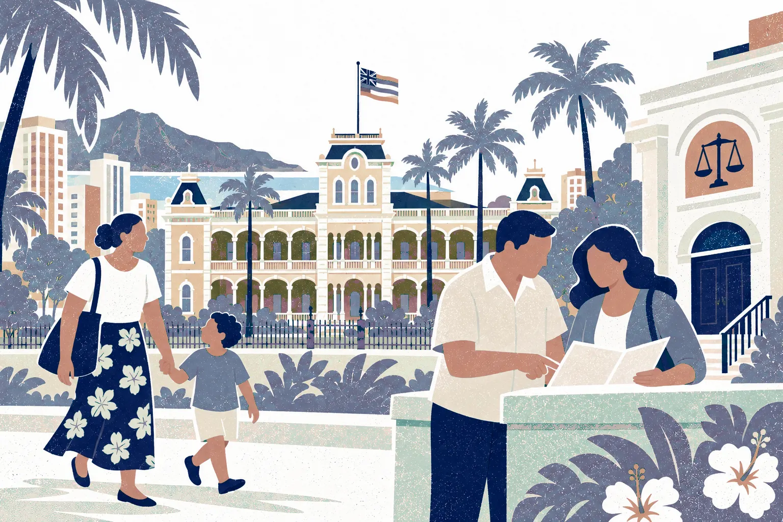 Two adults in light everyday clothing stand at the right reviewing a document on a low wall, while a parent with child walks on the left. In the background: Iolani Palace.