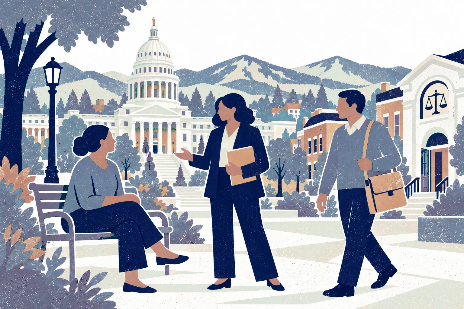A woman seated at the left on a park chair listens to a standing advisor in center holding a folder, a man at right walks toward them with a satchel. In the background: Idaho State Capitol.
