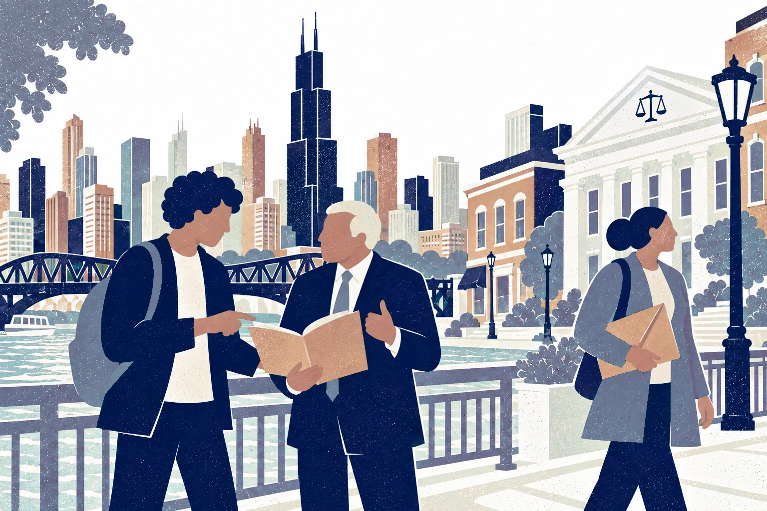 At a riverwalk railing, a young adult at left and an older advisor at center compare a folder; a woman at right carries a document envelope. In the background: Chicago skyline with Willis Tower.
